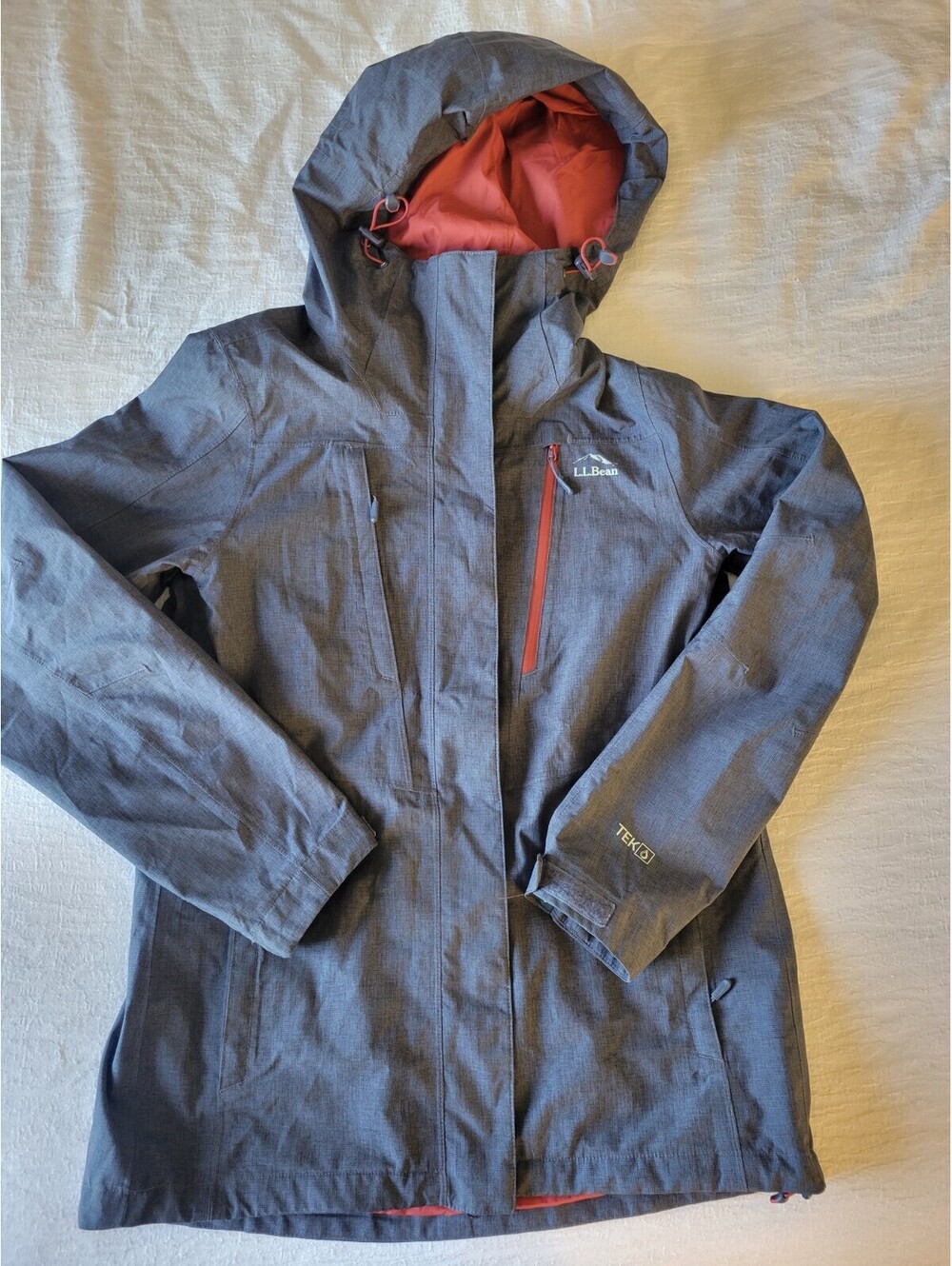 LL Bean Women's Hooded Nylon Raincoat Blue Grey Full Zip Long Parka XS Down